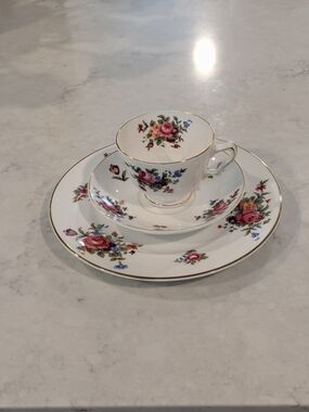 Fine Porcelain Floral Tea Cup, Saucer & Plate Set - Pink Floral